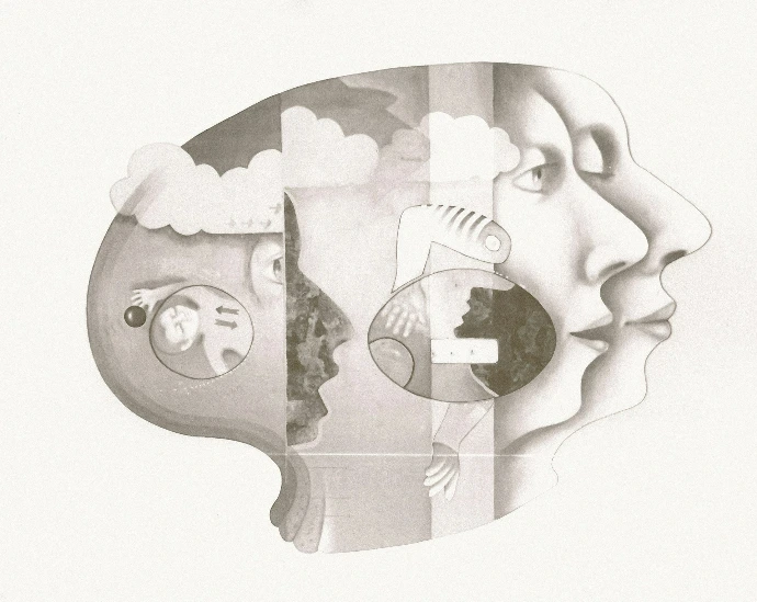 Surreal profile of faces and abstract elements.